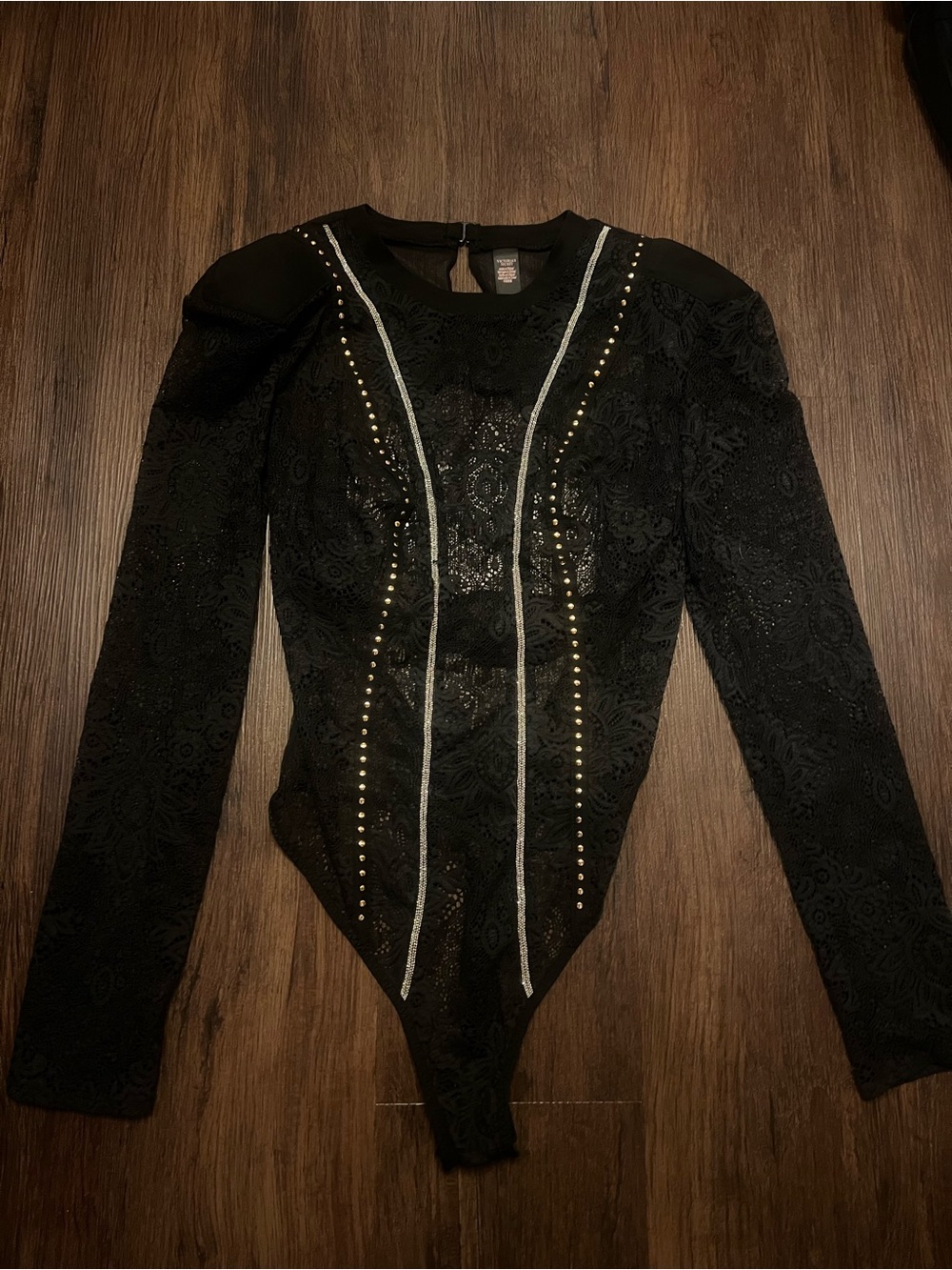 Victoria's Secret Black Lace Long-Sleeve Studded Bodysuit with Silver Trim